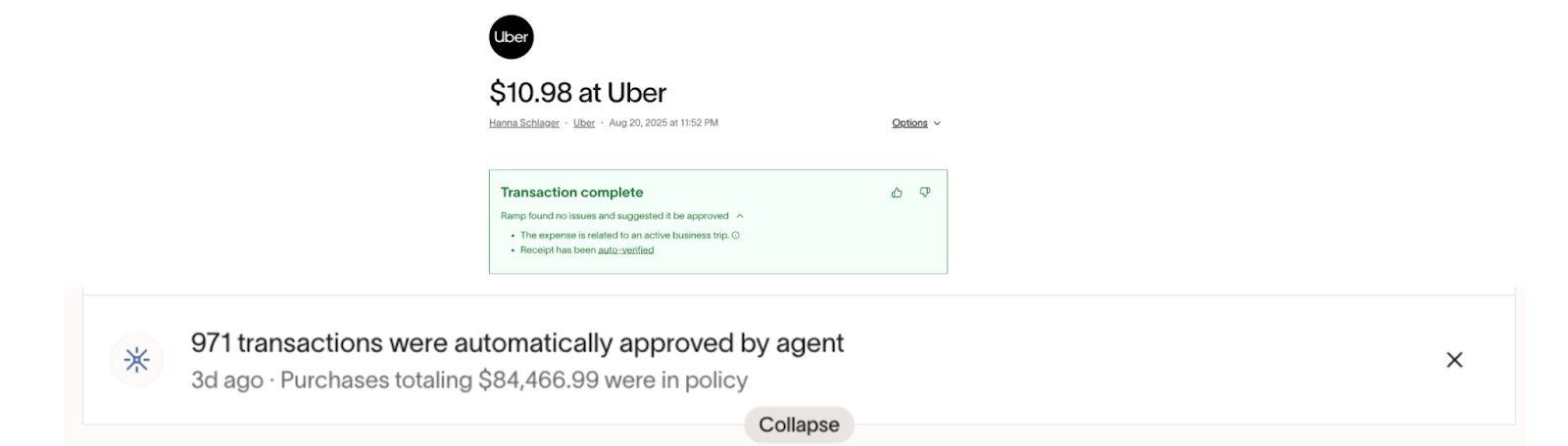 Transaction details showing an Uber charge of $10.98 and a message about automatic approval of transactions.