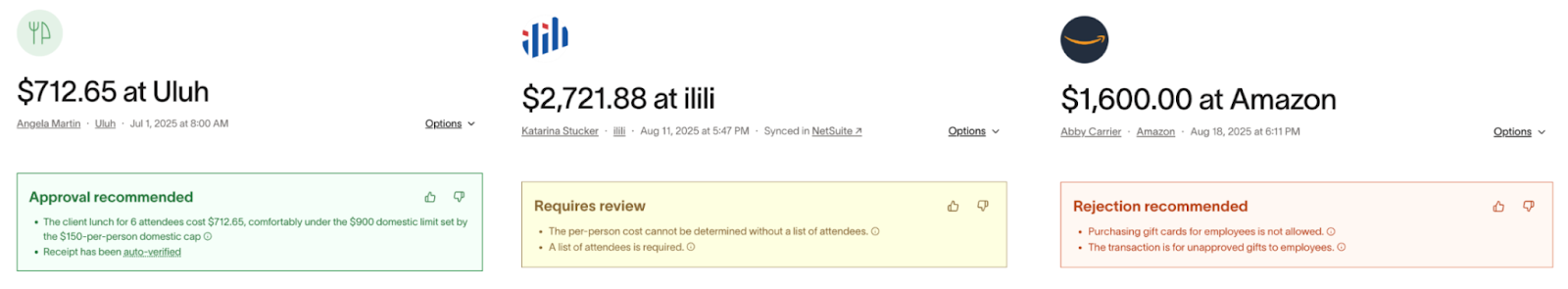 Expense report showing three entries with recommendations: Approval recommended, Requires review, and Rejection recommended.