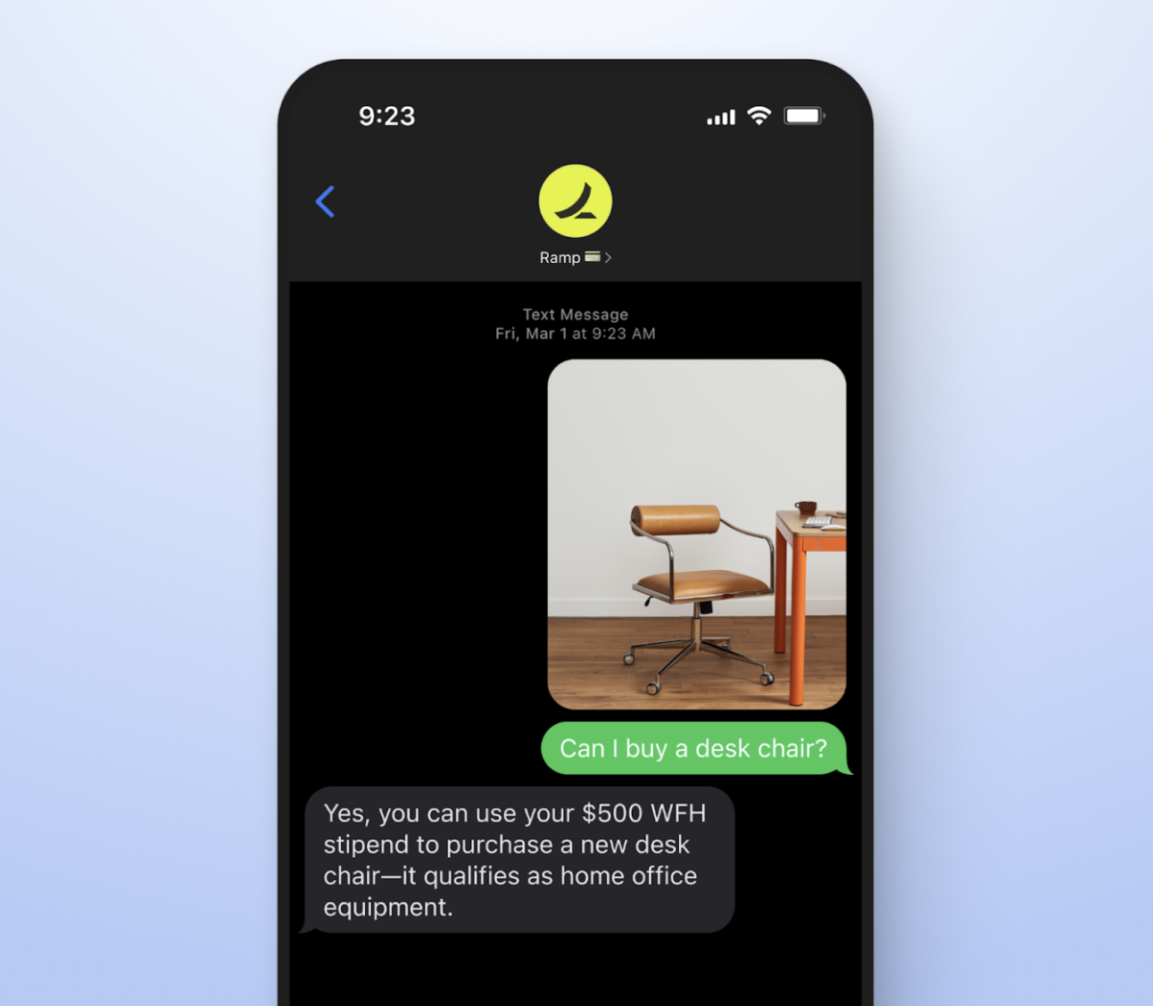 Text conversation showing a user asking about purchasing a desk chair with a $500 stipend for home office equipment.