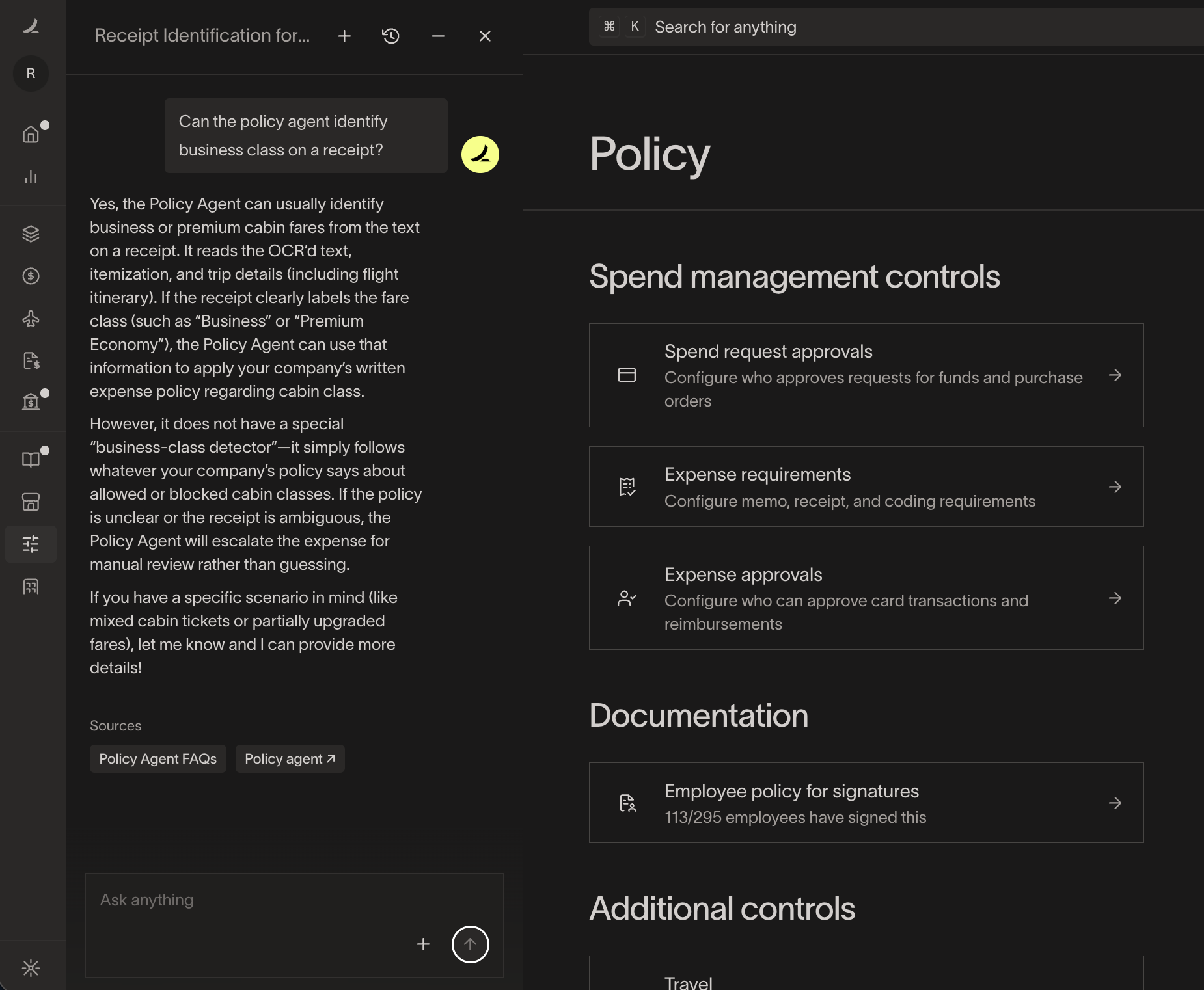 Policy section displaying receipt identification FAQs and spend management controls with approval configuration options.