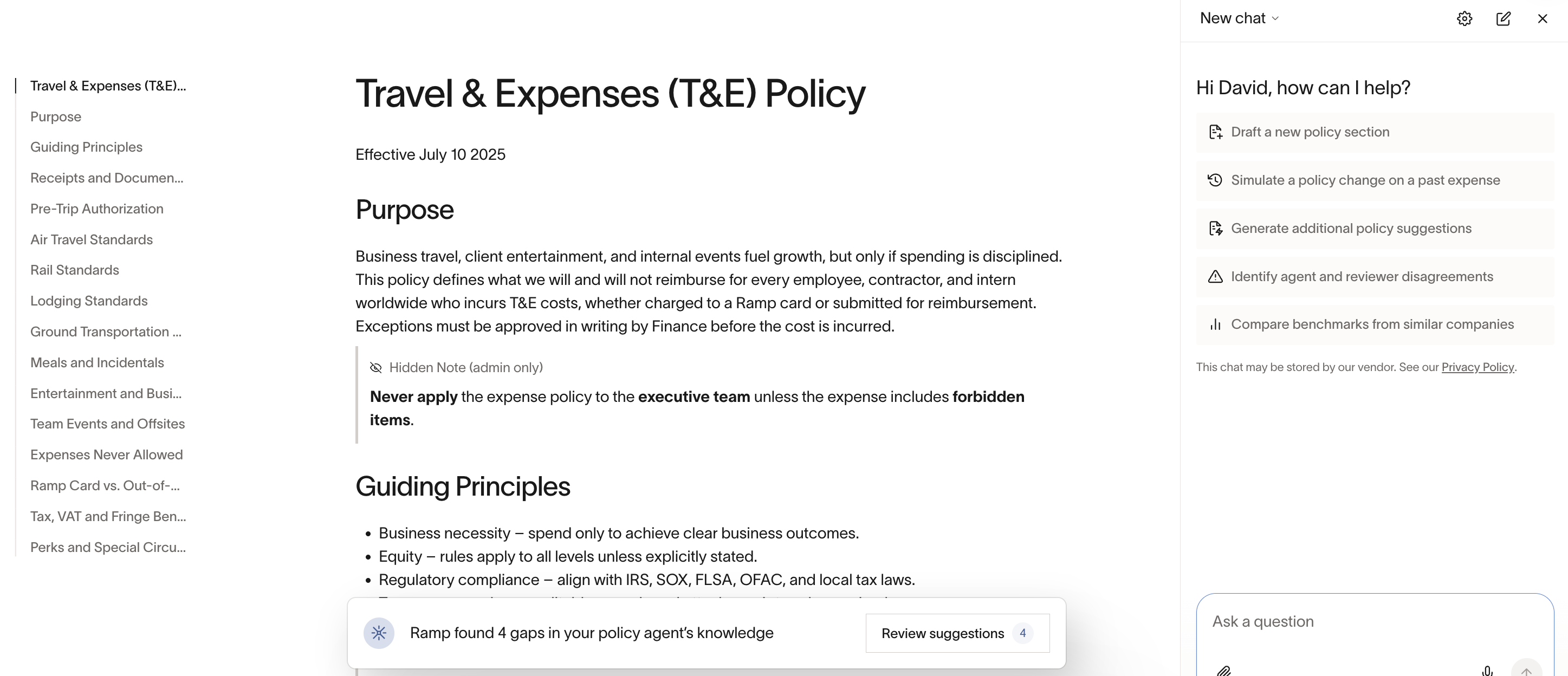 Policy Editor chat assistant sidebar with suggested questions
