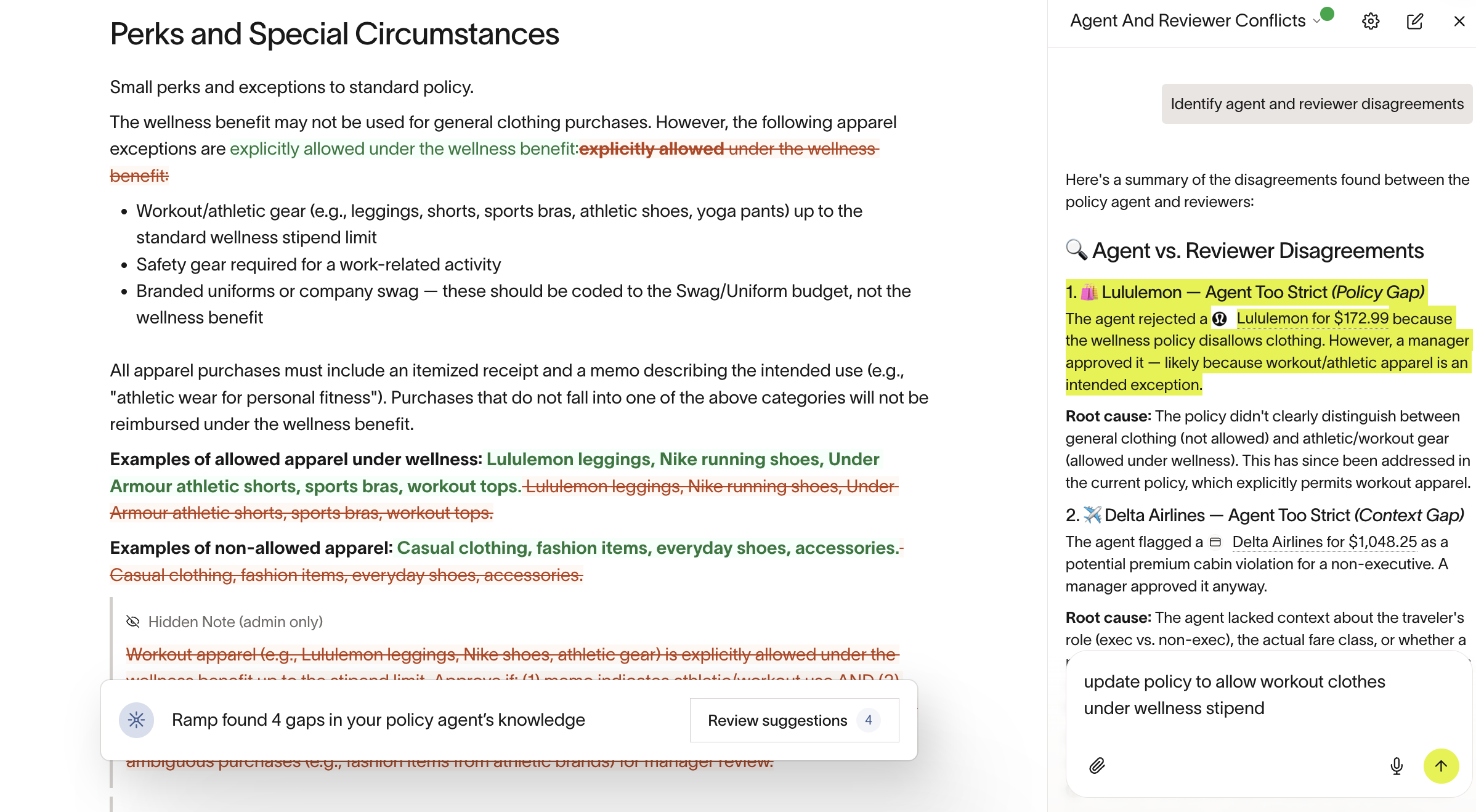 Chat assistant showing agent and reviewer disagreement patterns