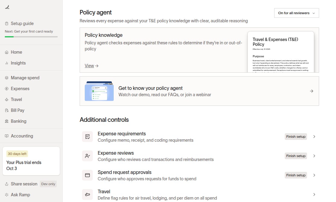 Policy Agent section showing reviewer visibility, Policy knowledge, training resources, and Travel and expenses controls.