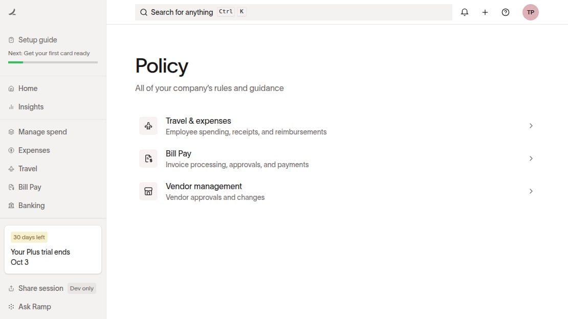 Policy page showing separate Travel and expenses, Bill Pay, and Vendor management sections.
