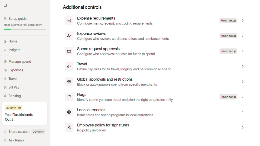 Travel and expenses controls showing expense requirements, expense reviews, spend request approvals, Travel, Global approvals and restrictions, Flags, Local currencies, and employee policy settings.