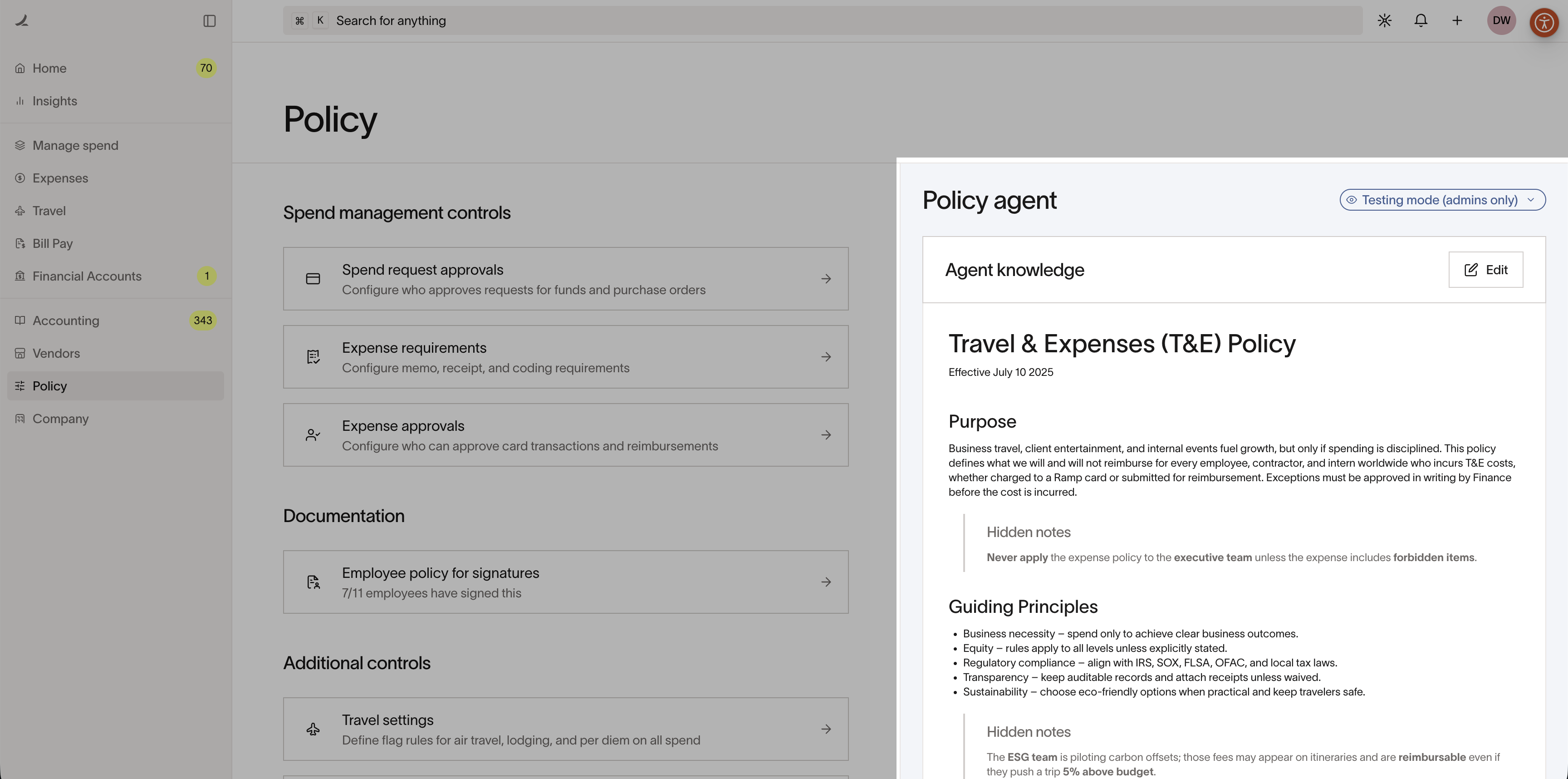 Policy section displaying management controls, documentation, and a Travel & Expenses policy overview with guiding principles.