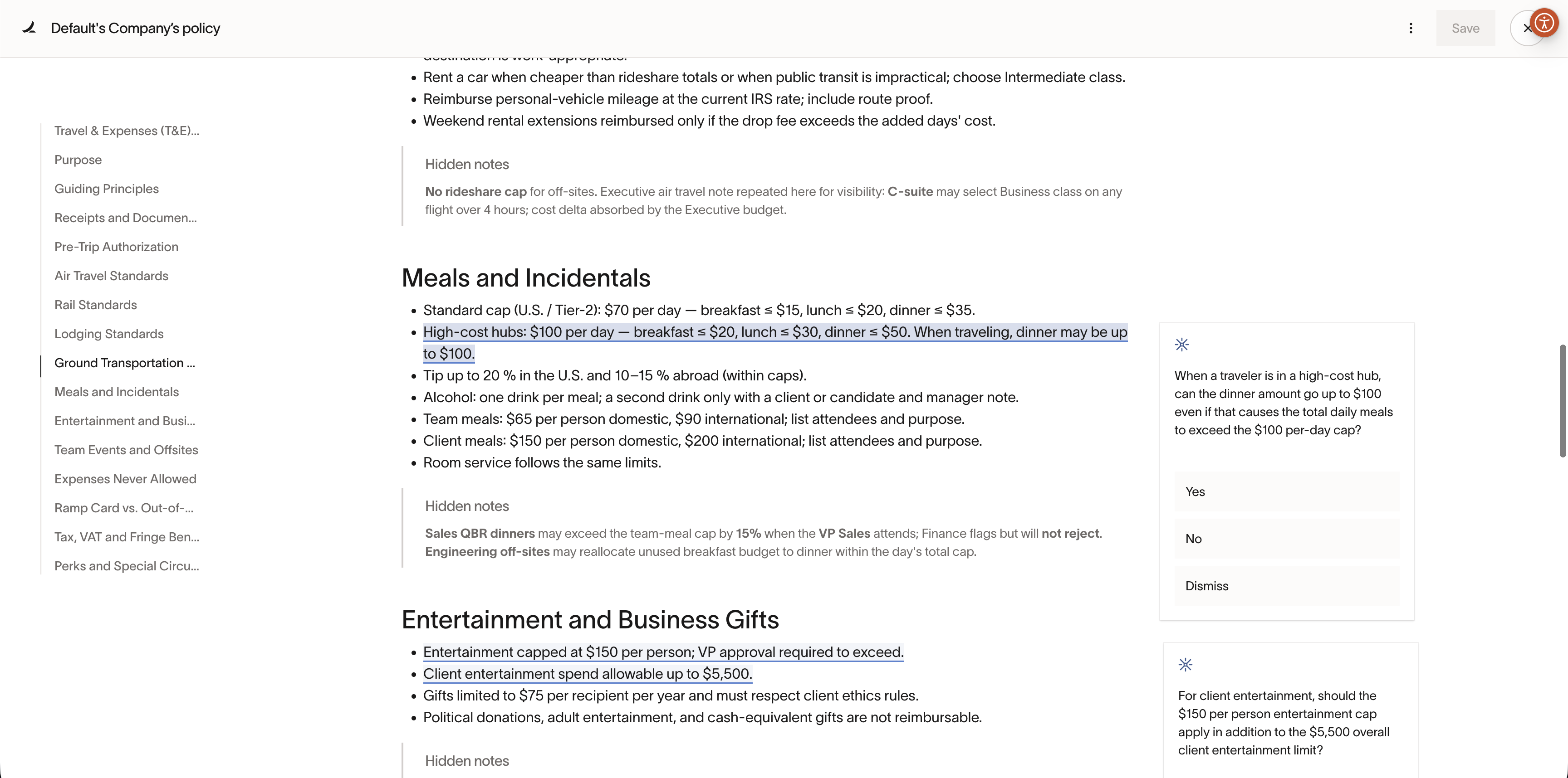 Expense policy details on meals and incidentals, including meal allowances and caps for business gifts.