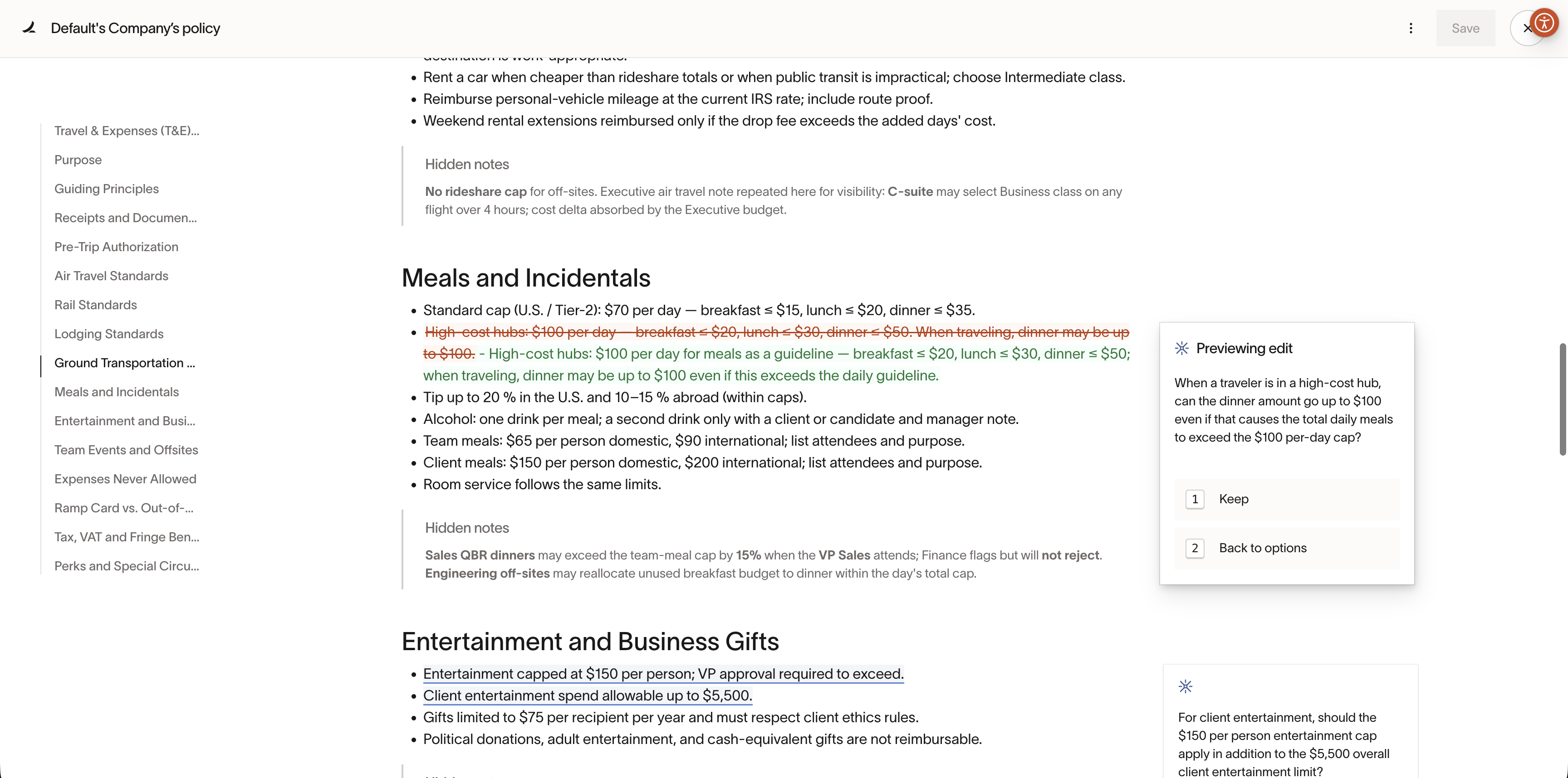 Policy document showing guidelines for Meals and Incidentals, including caps on expenses and limits for entertainment gifts.