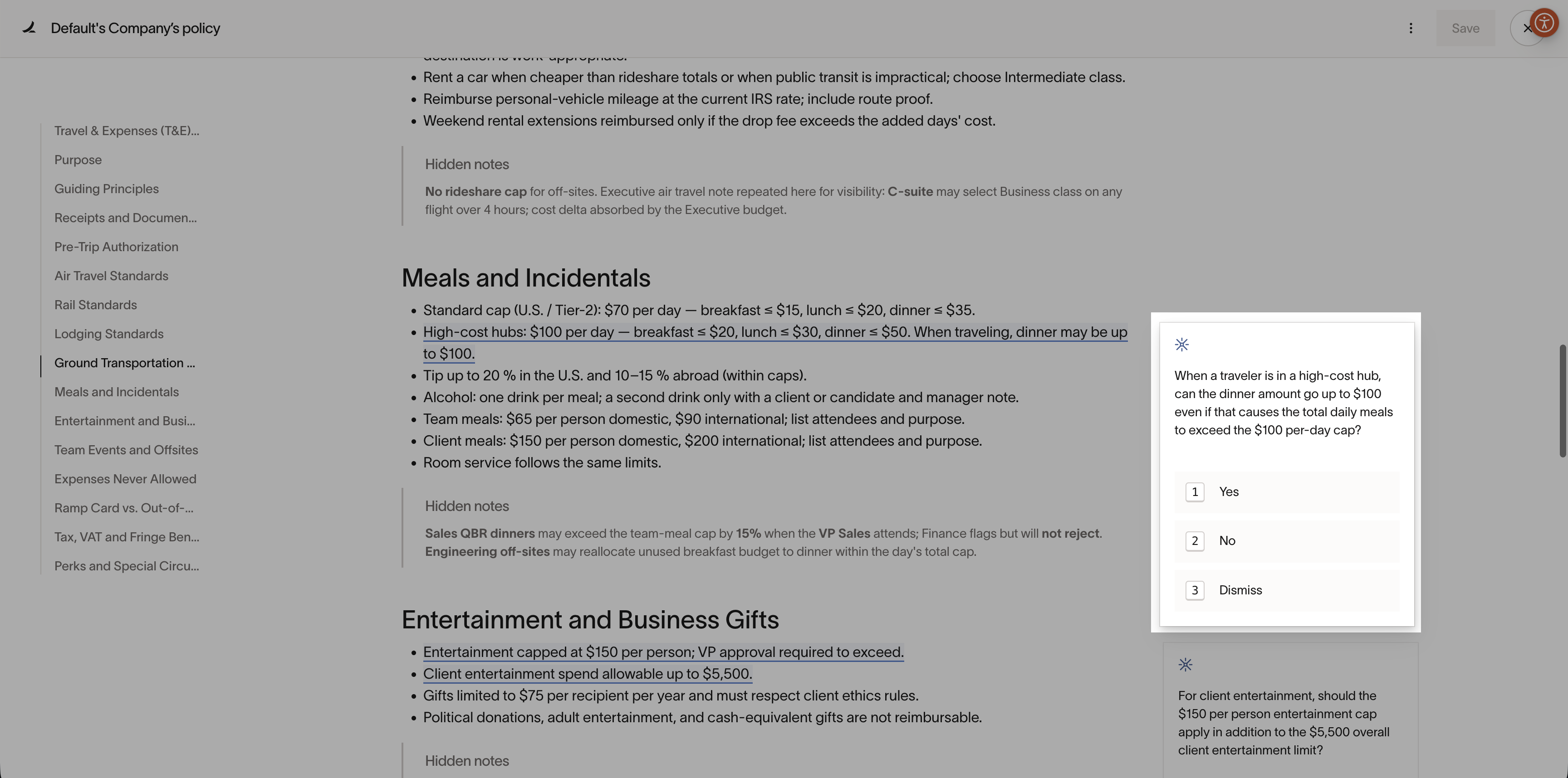 Company policy document displaying Meals and Incidentals section with suggestions for policy clarifications on expenses.
