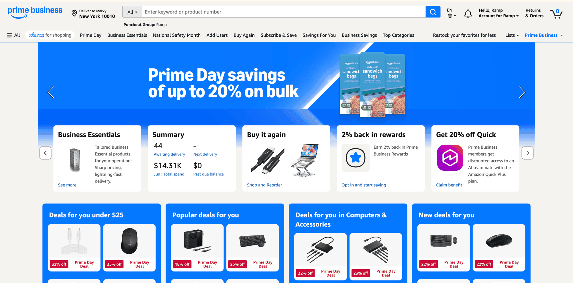 Connected Amazon Business store opened in a punchout shopping session, showing the customer's purchasing organization