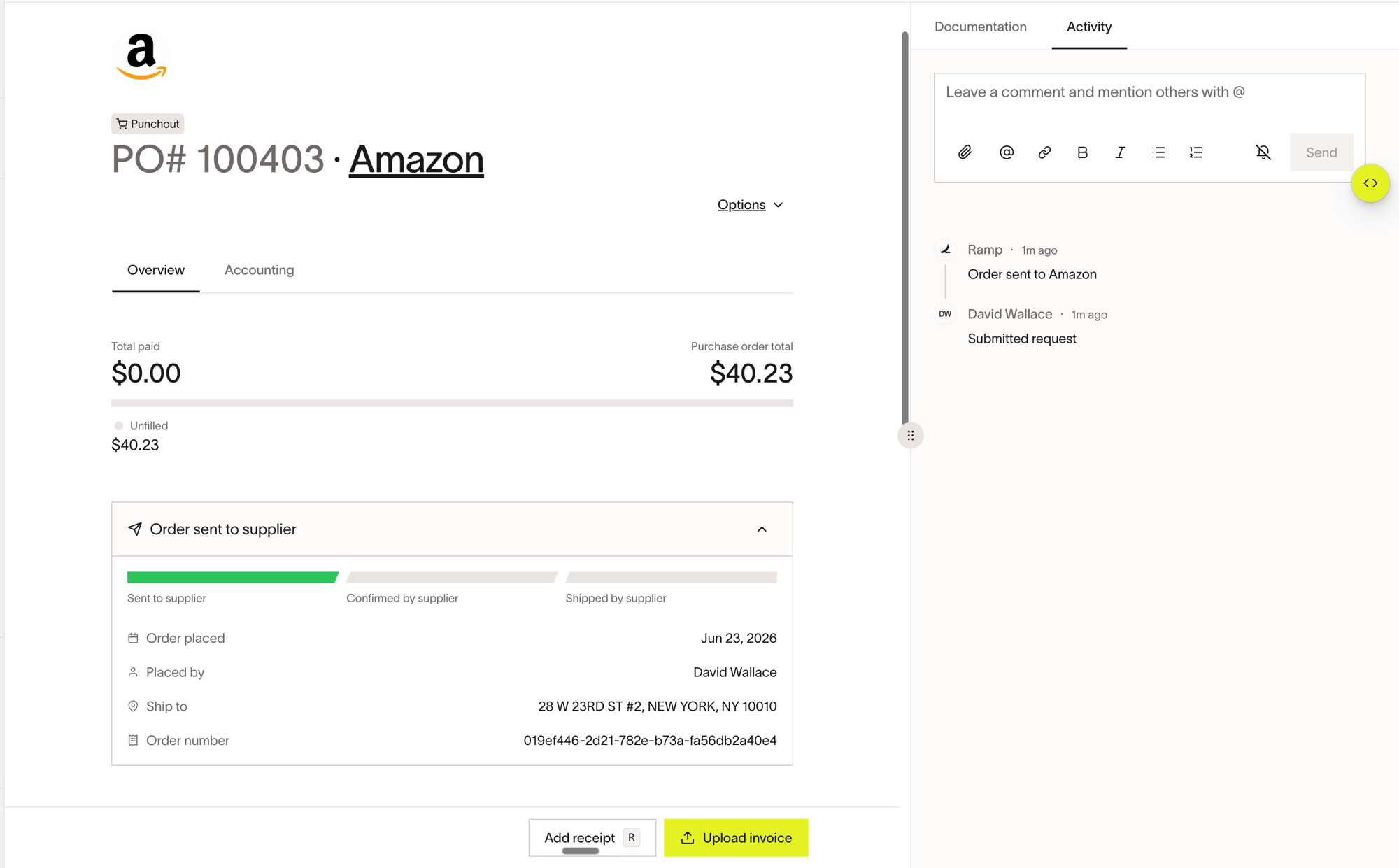 Punchout purchase order showing the order-status stages Sent to supplier, Confirmed by supplier, and Shipped by supplier, with order details and the Activity tab
