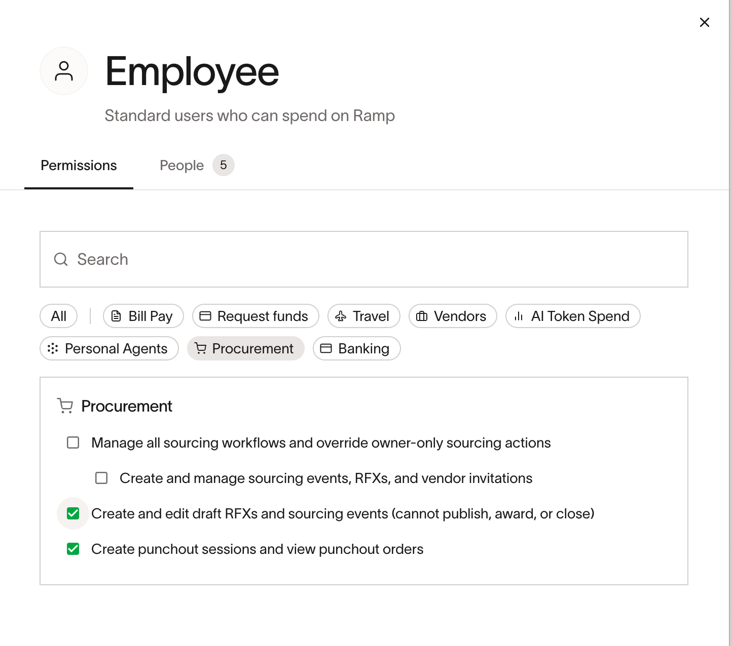 Employee role permissions with Create punchout sessions and view punchout orders enabled under Procurement