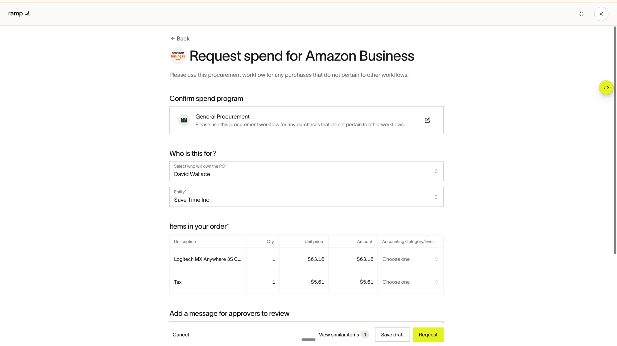 Request spend for Amazon Business form with a suggested Spend Program, PO owner, entity, and pre-filled order line items