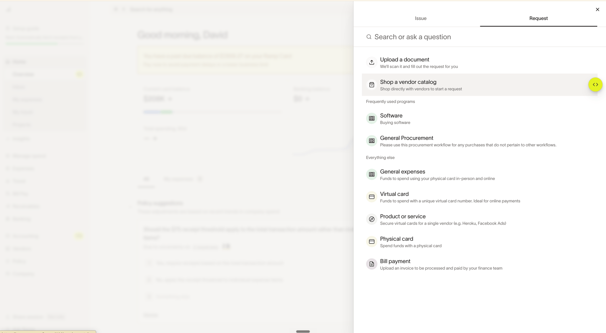 Request menu with the Shop a vendor catalog option highlighted, above a list of Spend Programs