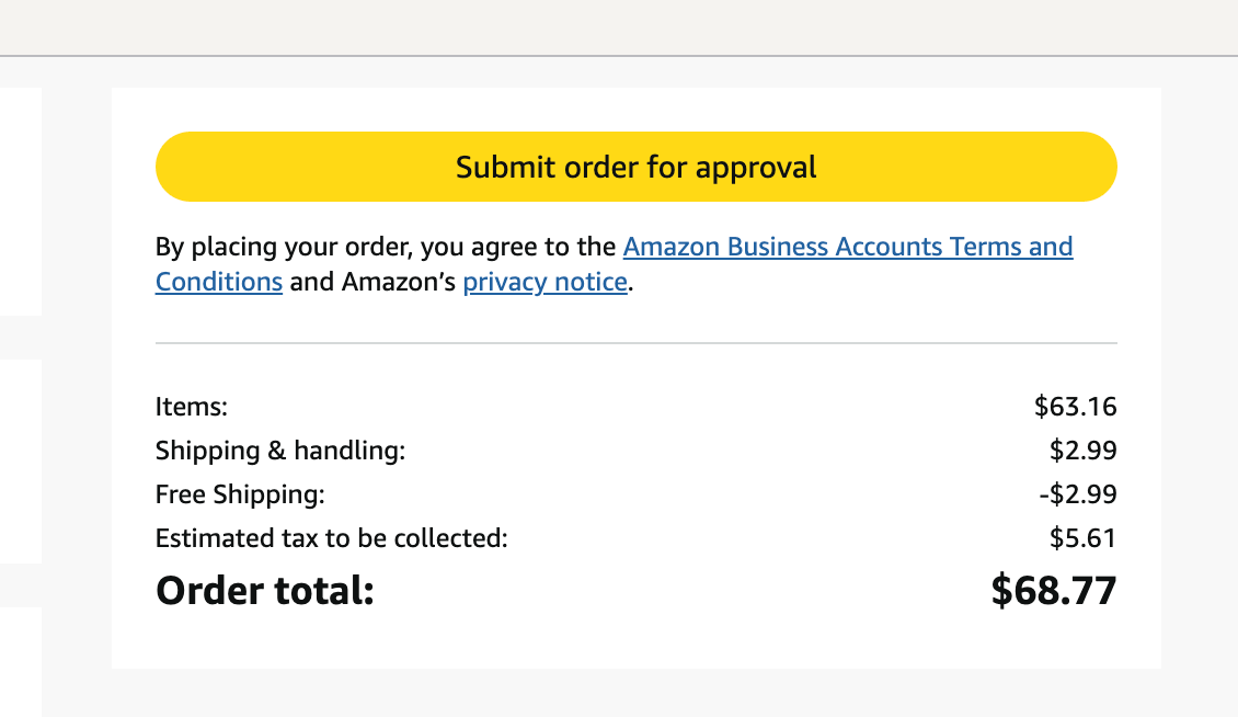 Amazon Business Submit order for approval button above an order total breakdown of items, shipping, tax, and total