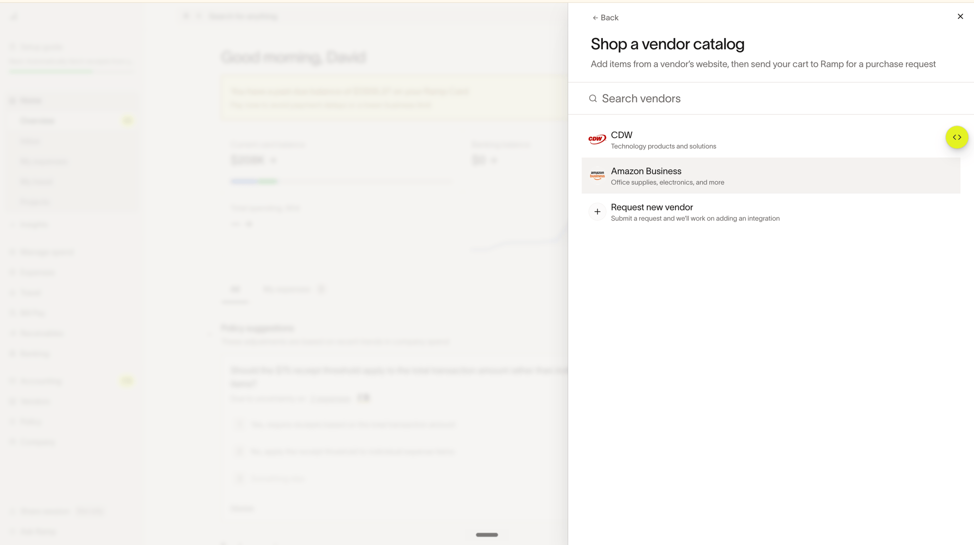 Shop a vendor catalog picker listing connected suppliers CDW and Amazon Business
