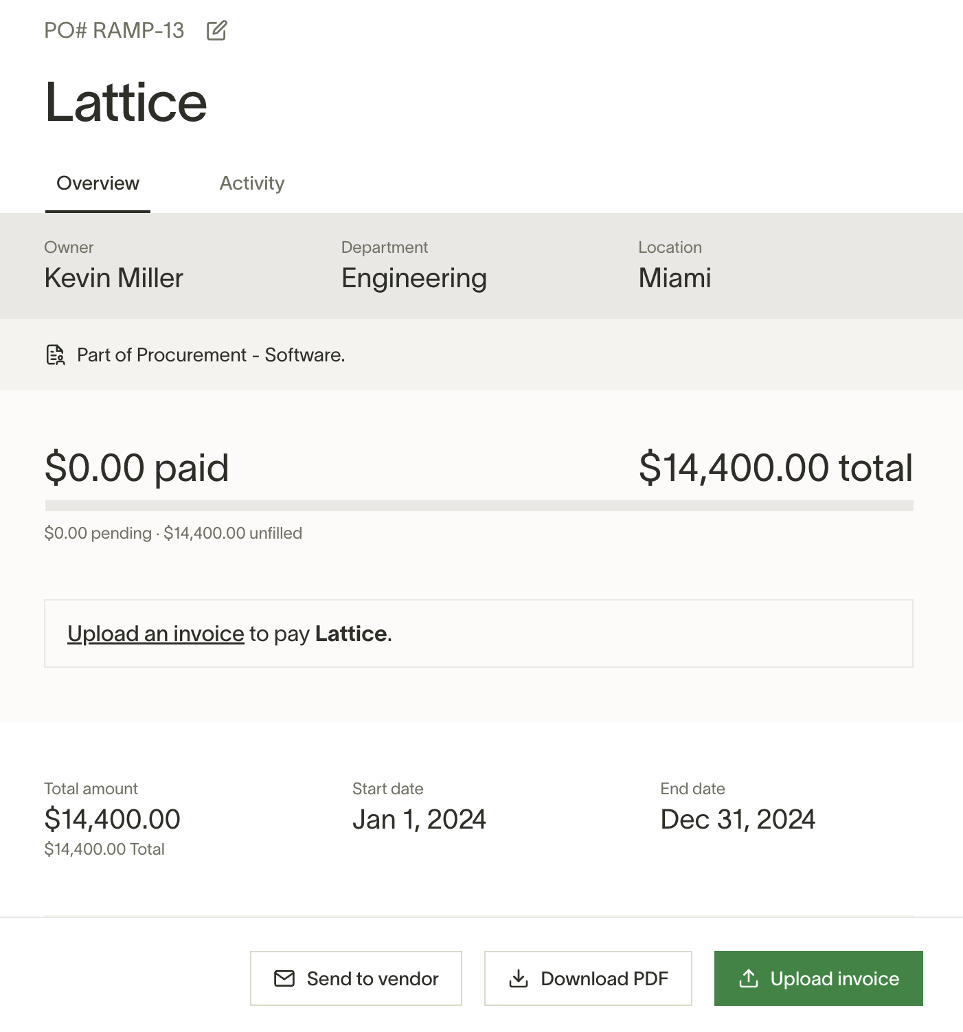 Purchase order with Upload invoice button for submitting vendor invoices