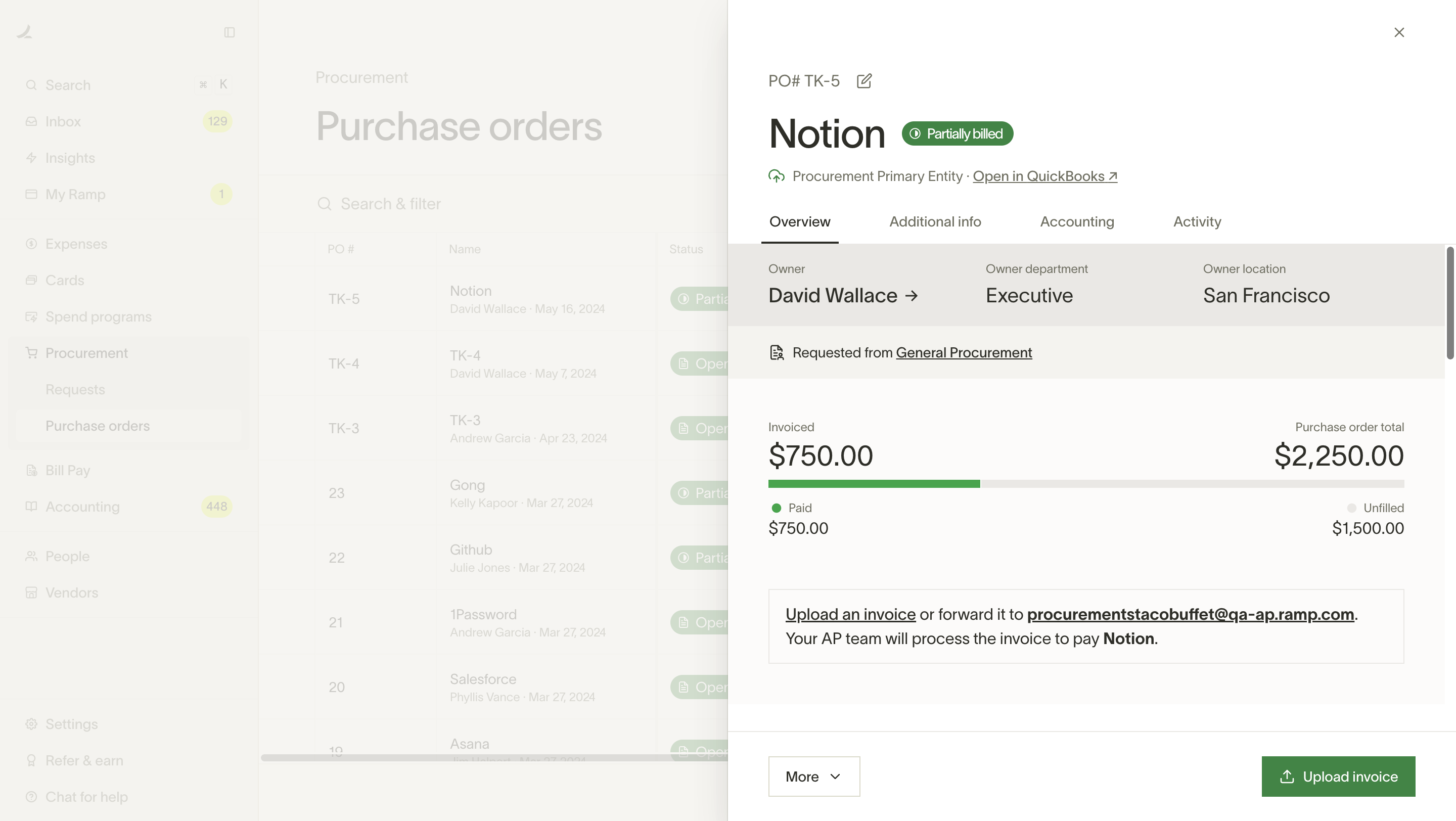 Purchase order showing remaining spend available after billing against the PO