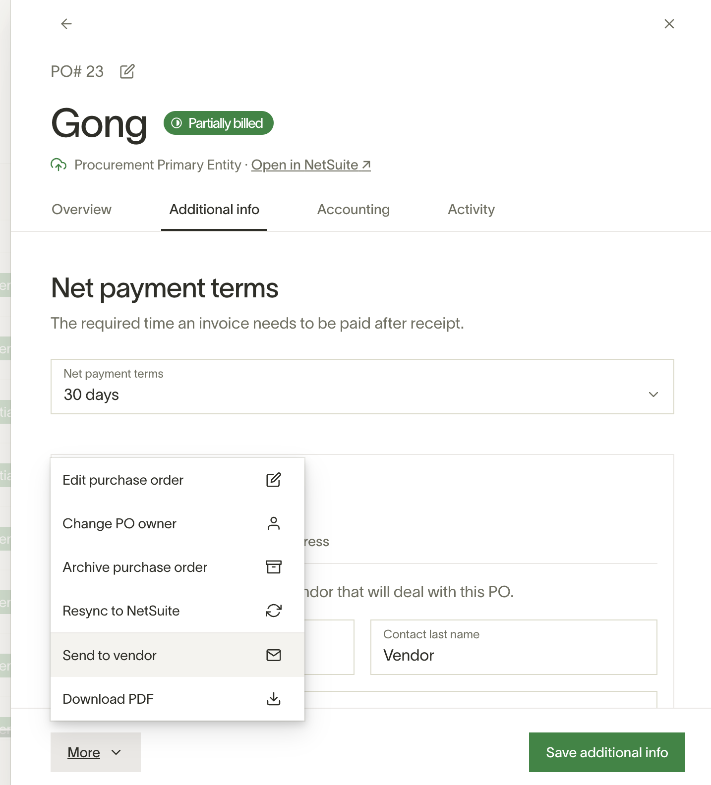 Purchase order More menu with Send to vendor and Download PDF options