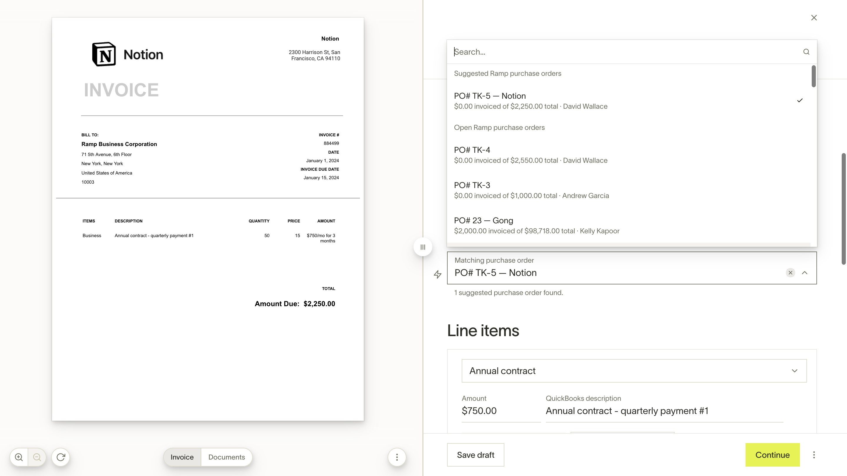 Bill Pay invoice with Matching purchase order dropdown showing suggested POs