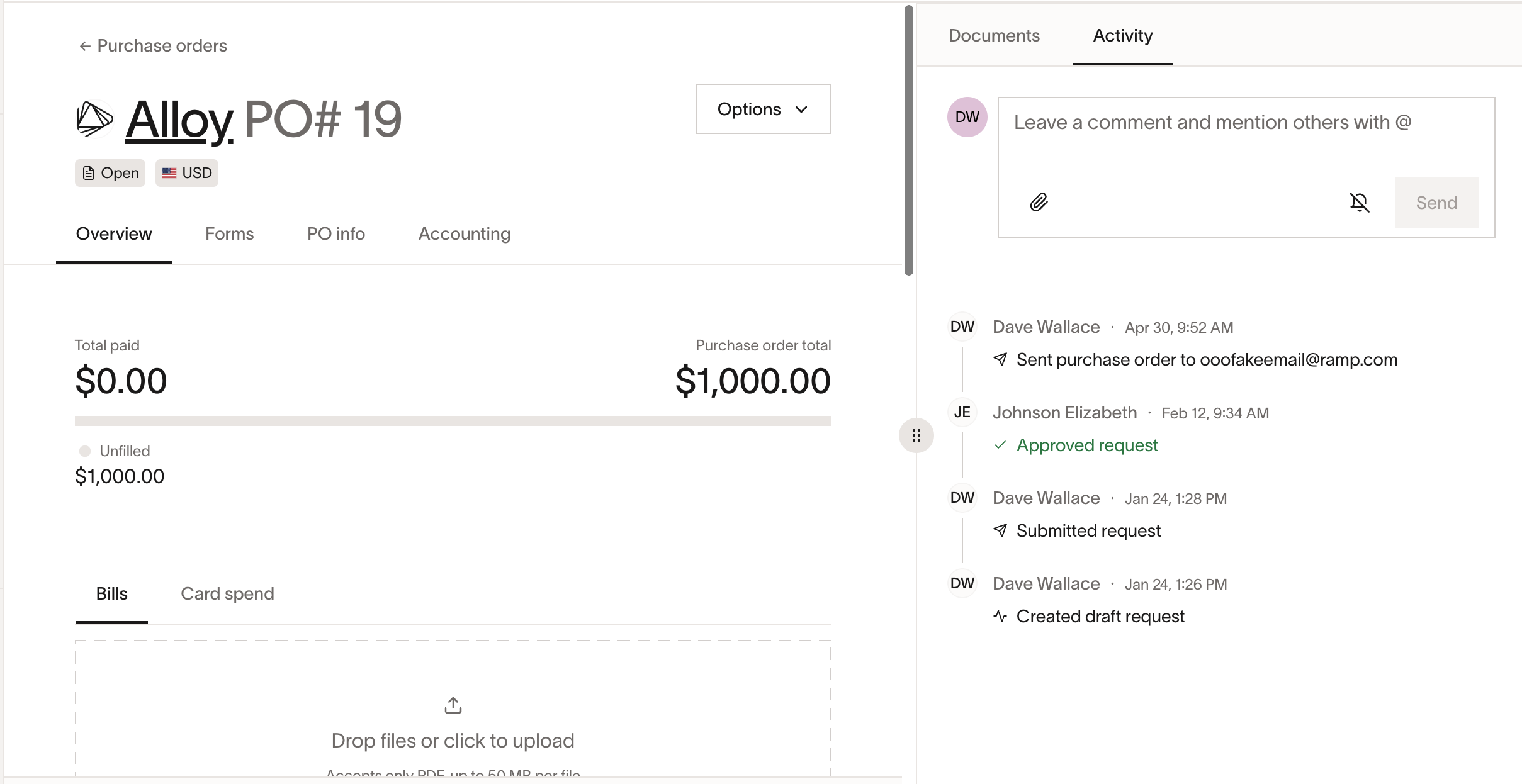 Purchase order Overview tab showing approvals, line items, and billing progress