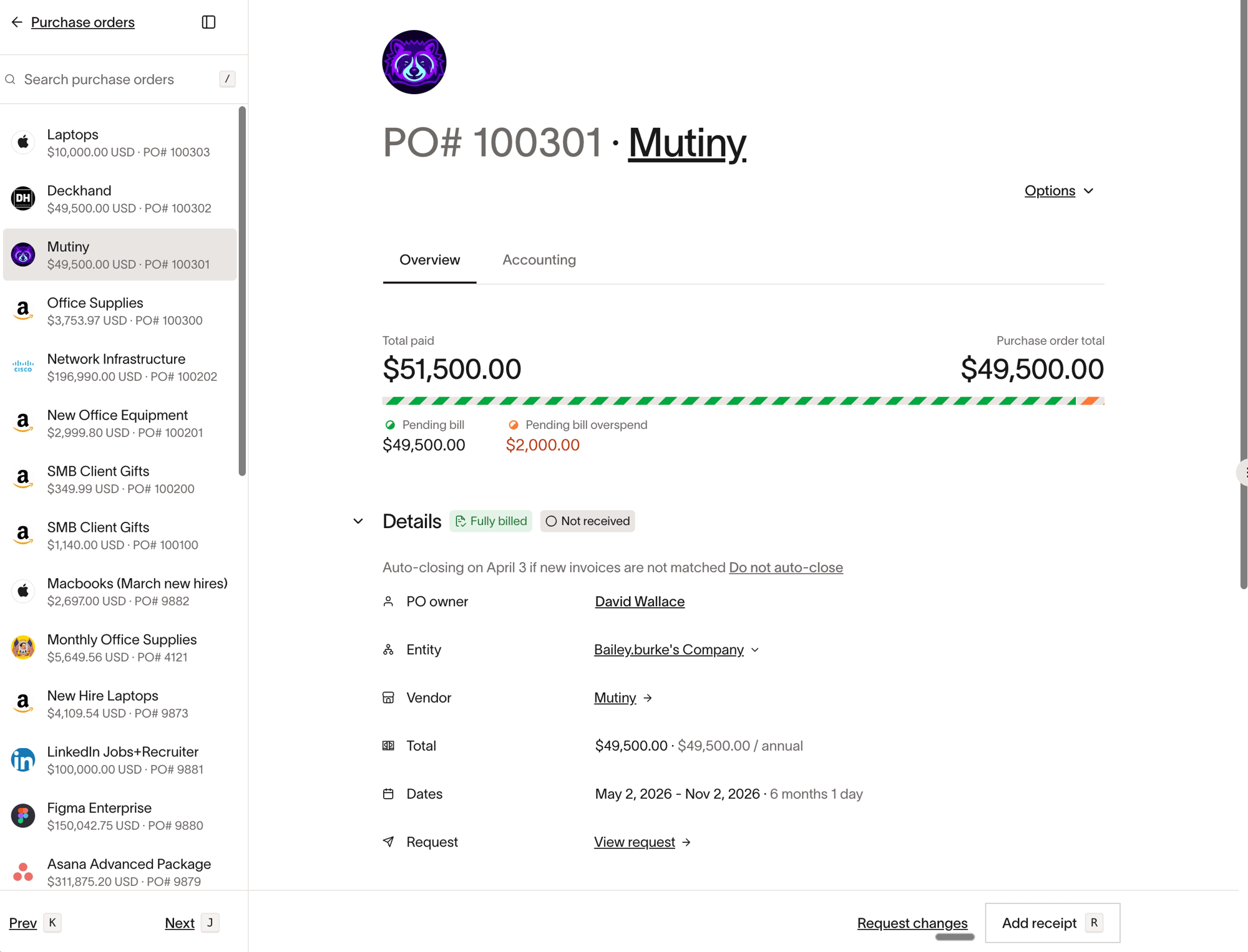 Purchase order details section showing the Auto-closing on date message and the Do not auto-close action