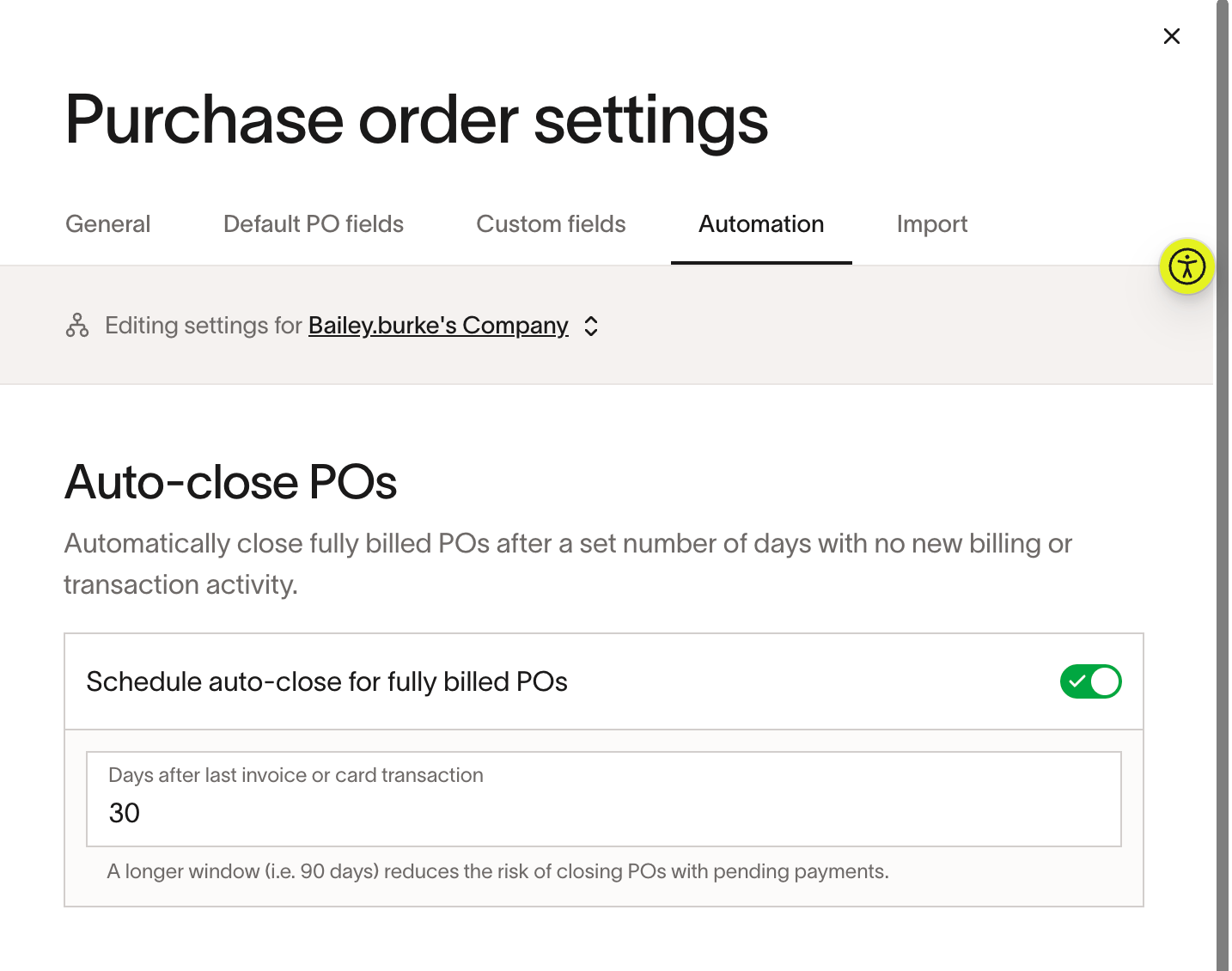 Purchase order settings Automation tab showing Auto-close POs with the Schedule auto-close for fully billed POs toggle and Days after last invoice or card transaction field