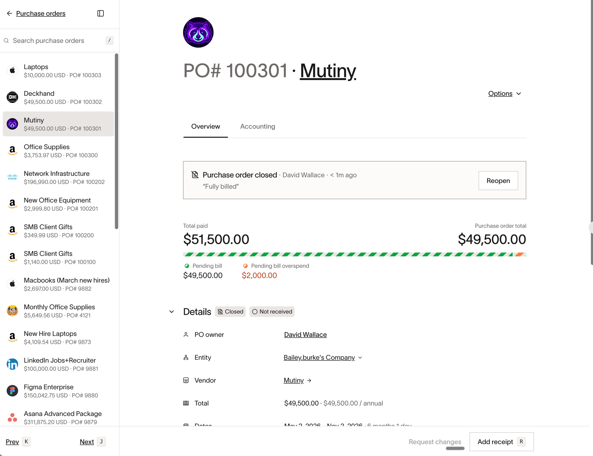 Closed purchase order showing the Purchase order closed banner and Reopen action