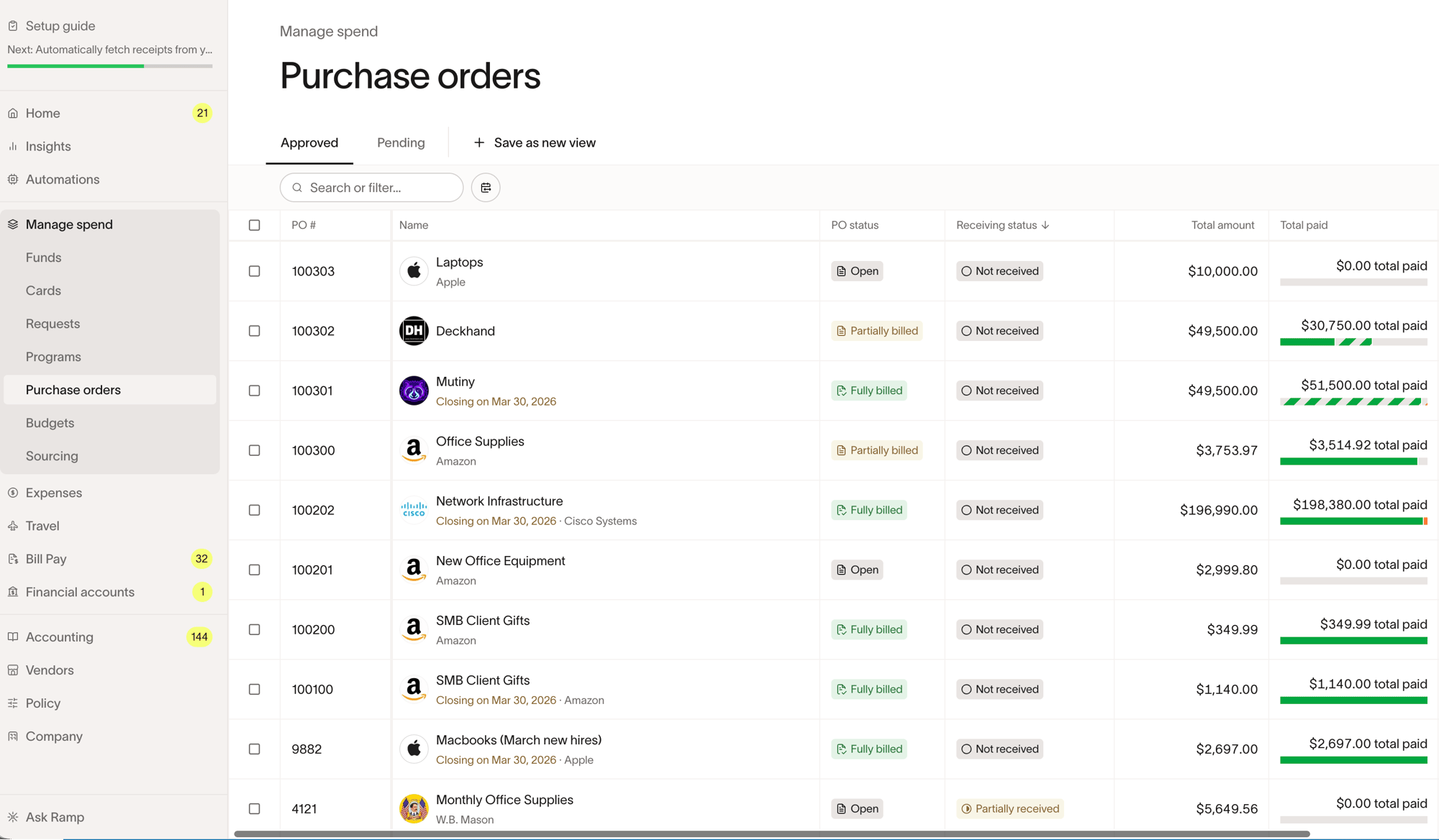 Purchase orders list showing fully billed purchase orders with closing dates such as Closing on Mar 30, 2026