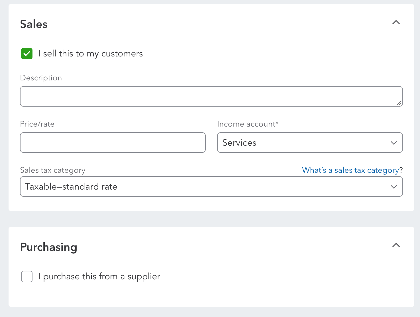 QBO non-inventory item with the sales checkbox selected and the purchasing checkbox unchecked.