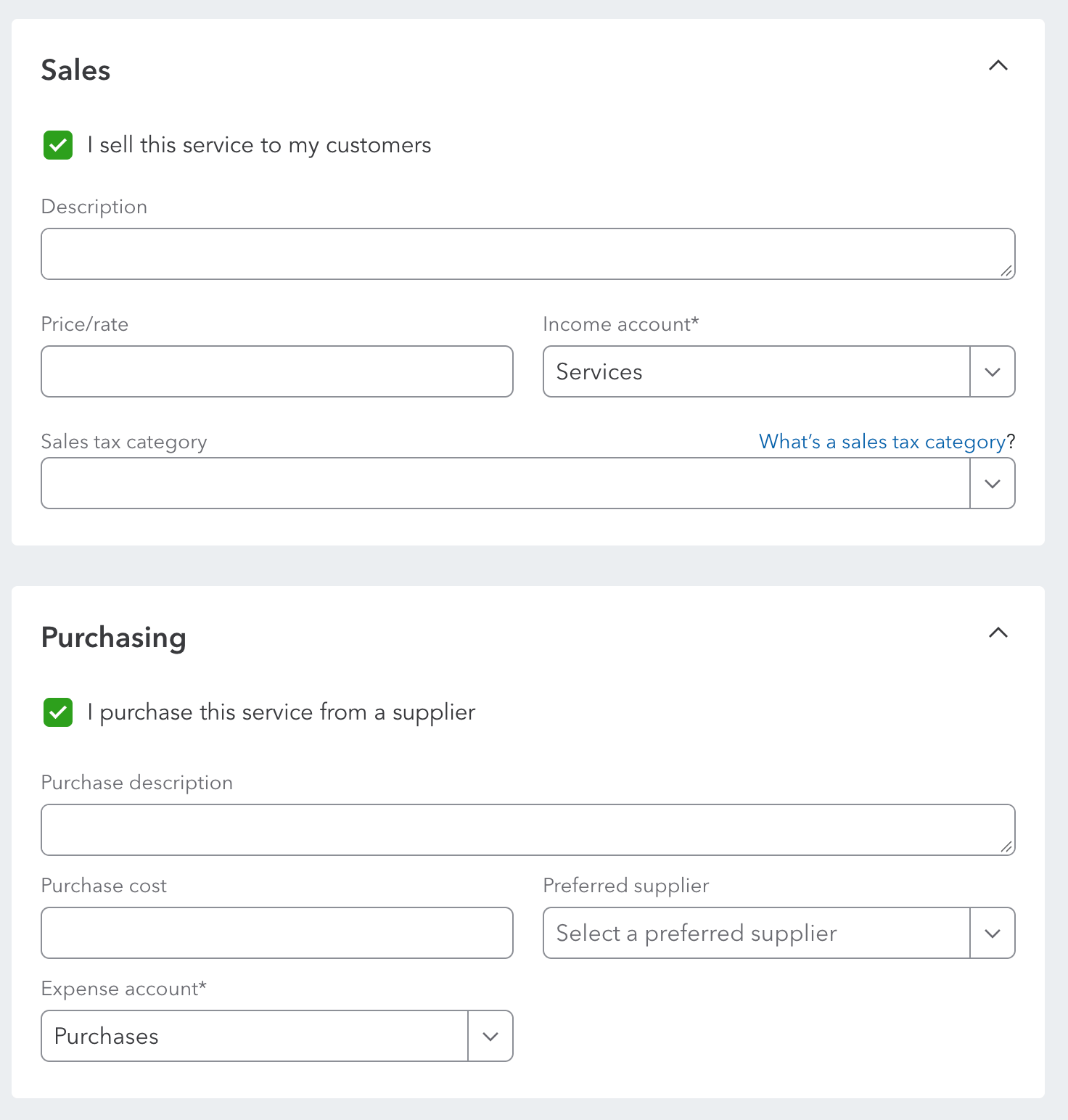 QBO service item with both the sales and purchasing checkboxes selected.