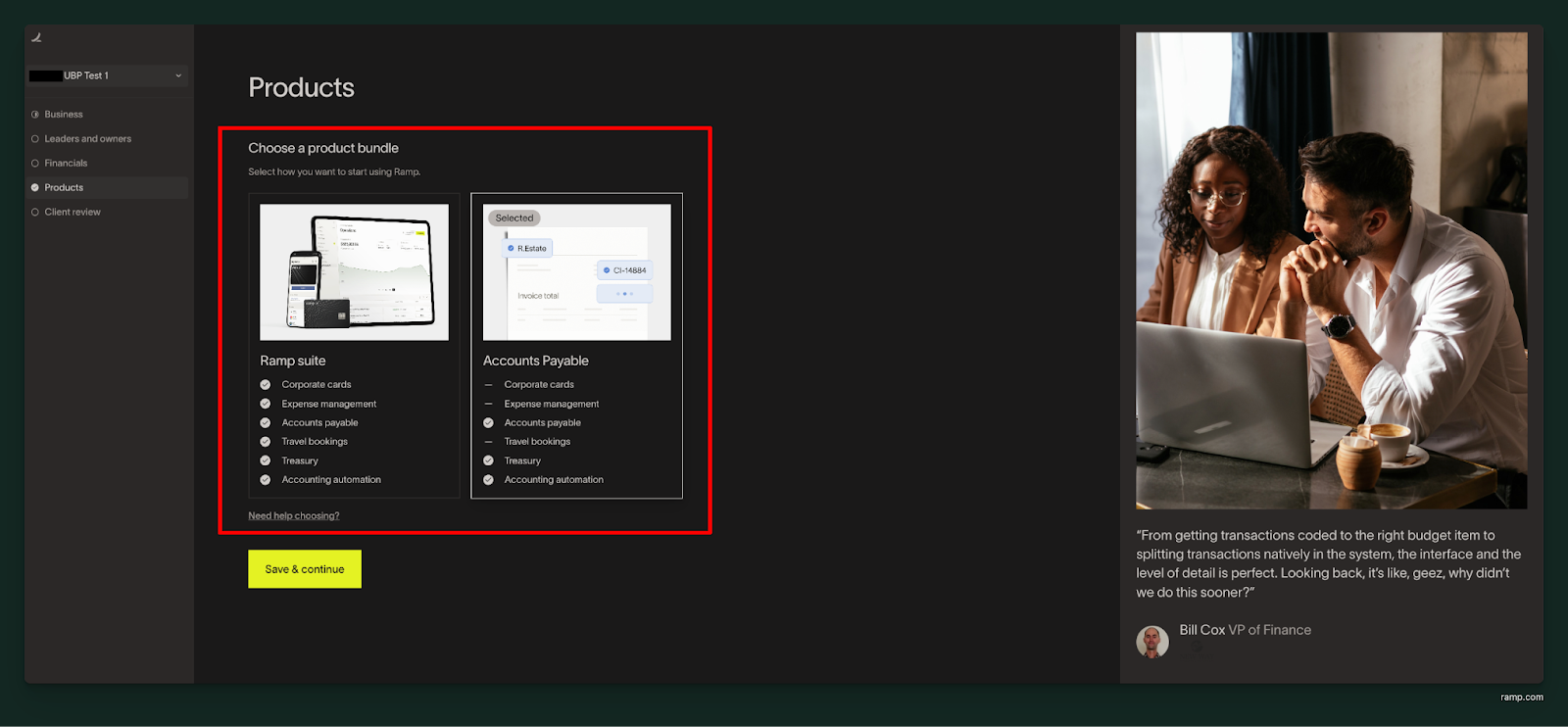 Ramp product selection page with Ramp suite and Accounts Payable bundle options