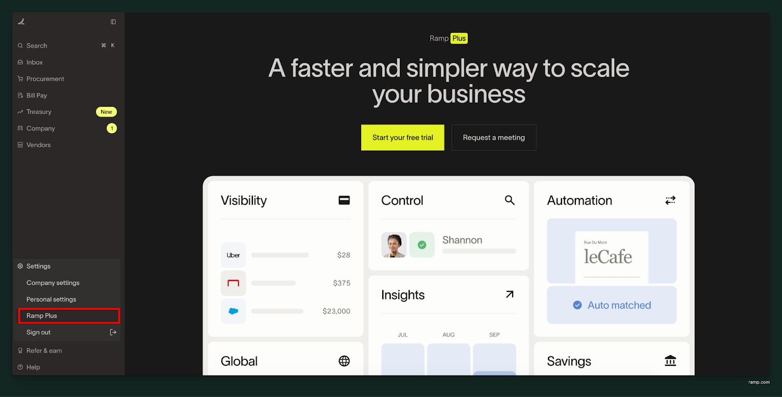 Ramp Plus upgrade page accessed from Settings showing free trial and meeting options