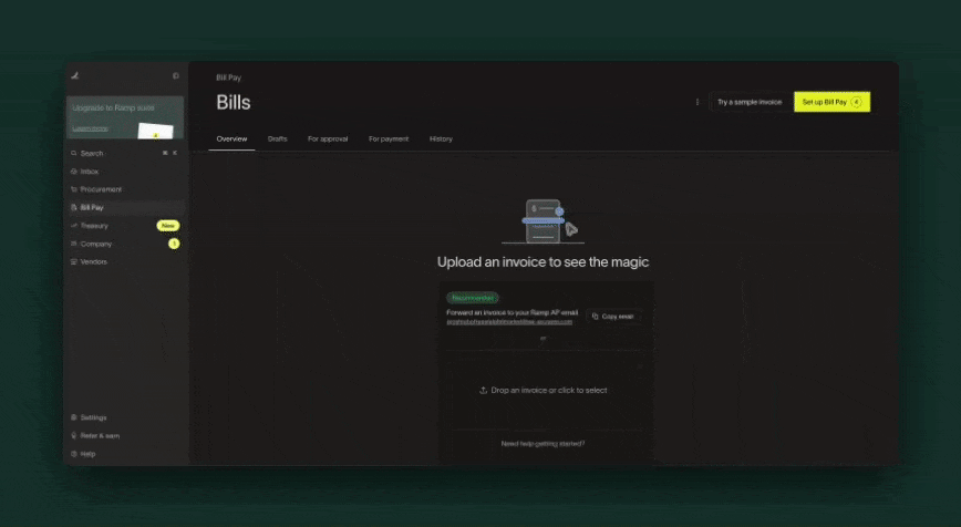 Upgrade to Ramp suite flow showing the navigation banner and terms acknowledgment