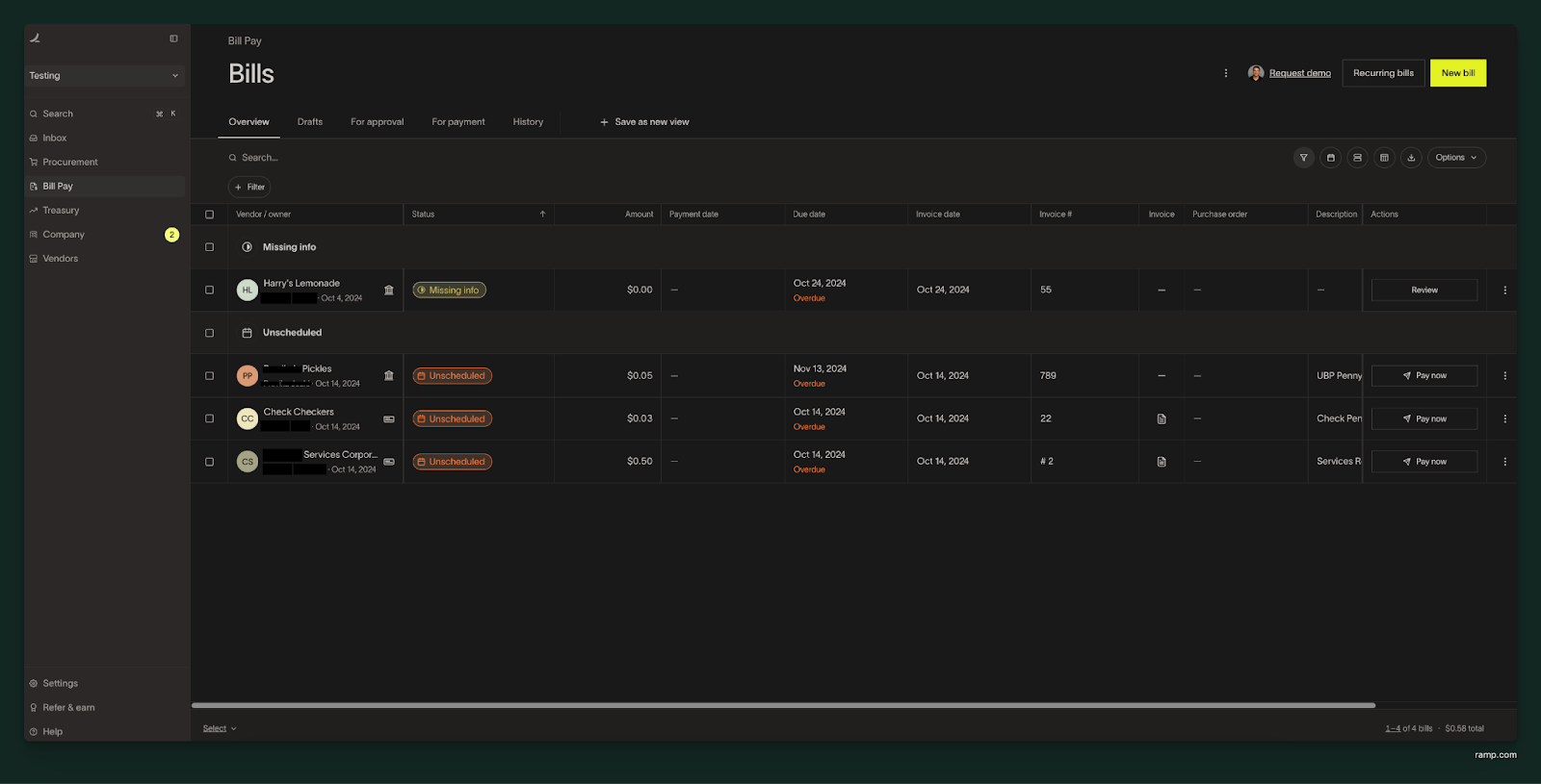 Bill Pay AP-only interface showing Bills table with vendor list and payment statuses