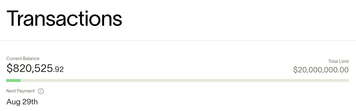 Transactions page showing current balance, total limit, and next payment date