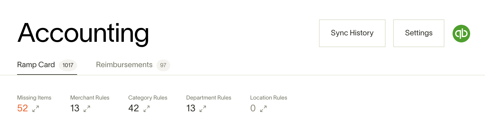 Accounting dashboard showing sync history, settings, and rule counts for QuickBooks