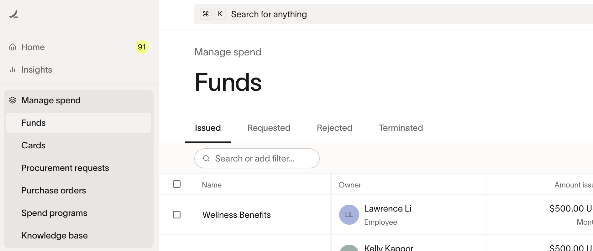 Manage Spend Funds page showing issued funds with owner and amount columns