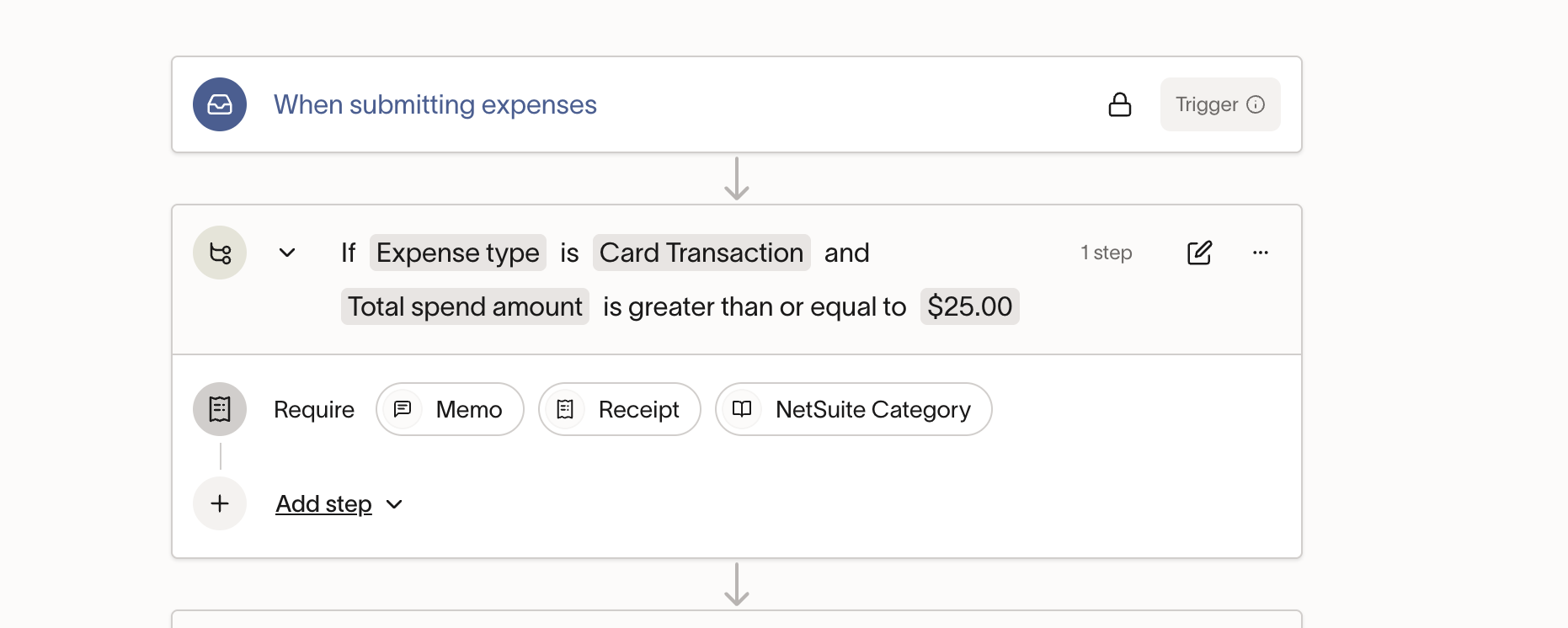Expense policy workflow requiring memo, receipt, and category for card transactions over $25