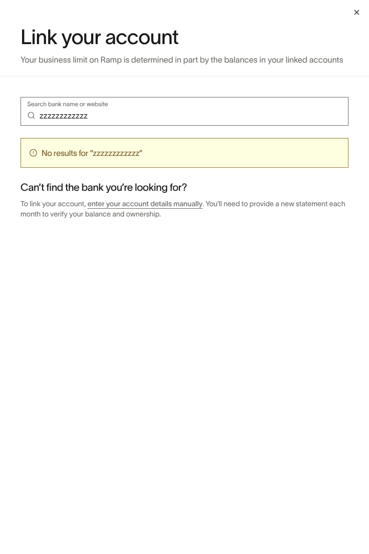 Bank connection selector showing institution search and the enter your account details manually link