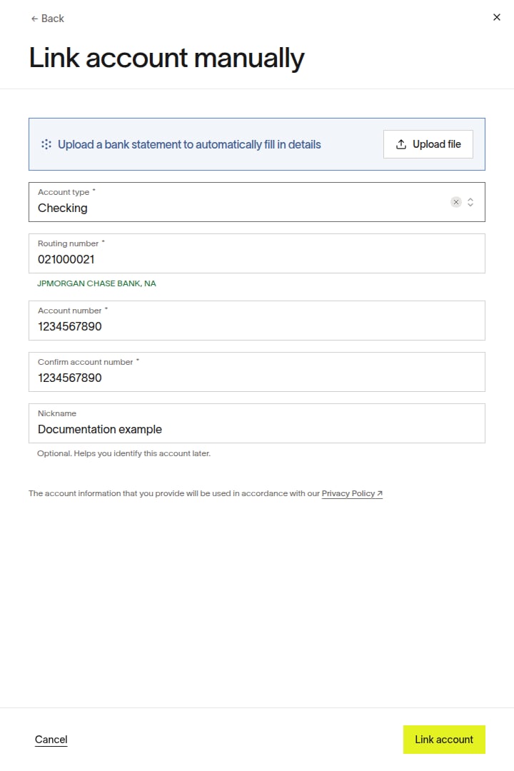 Manual linked account connection form showing account details and the Link account button