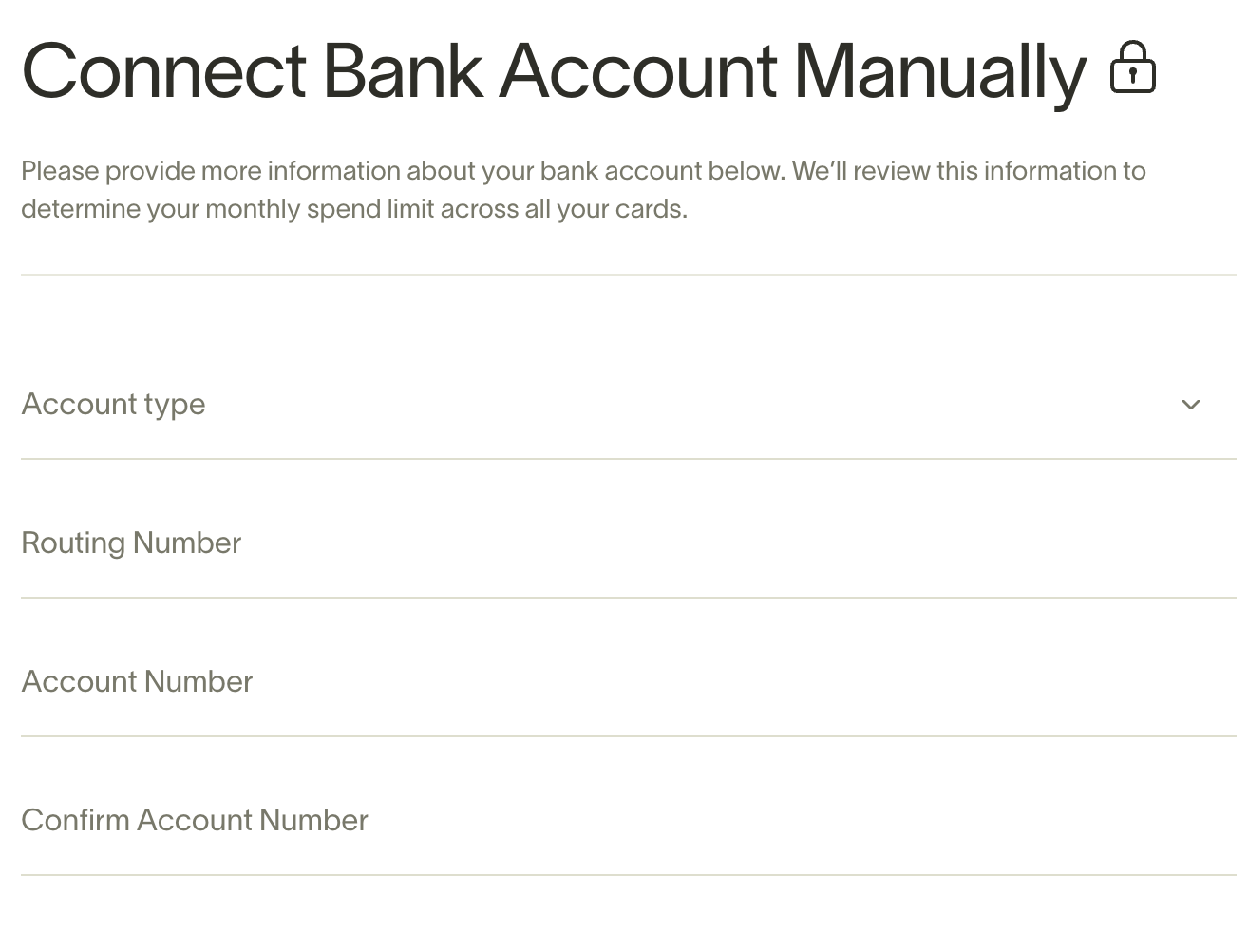 Manual linked account connection form in Financial Accounts