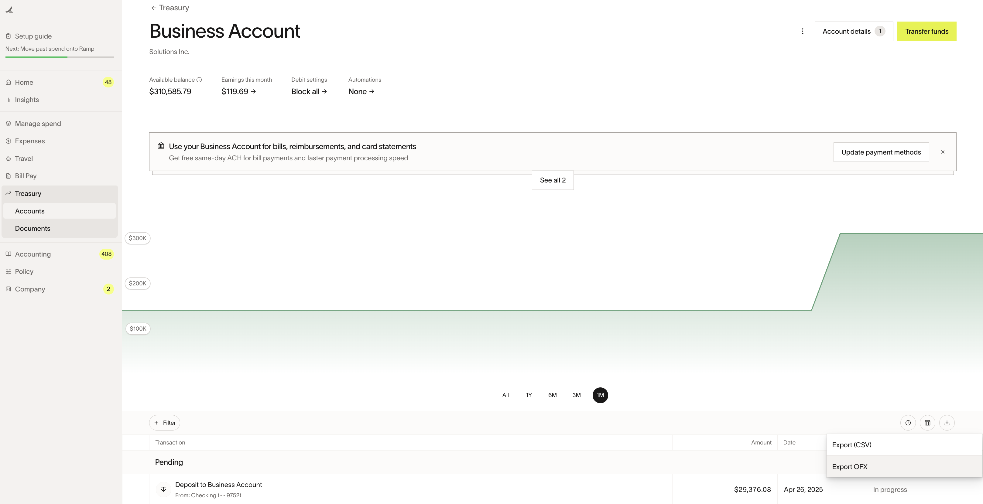Ramp Banking Checking Account page with Export CSV and Export OFX options
