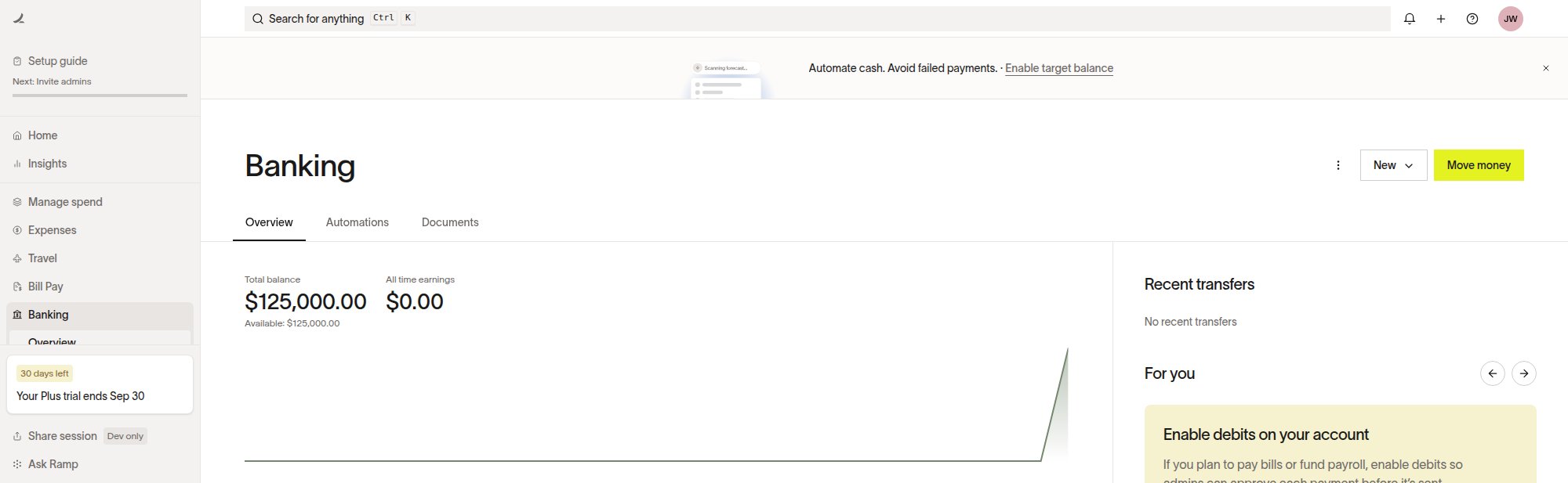 Banking overview with the Automations tab and Move money button