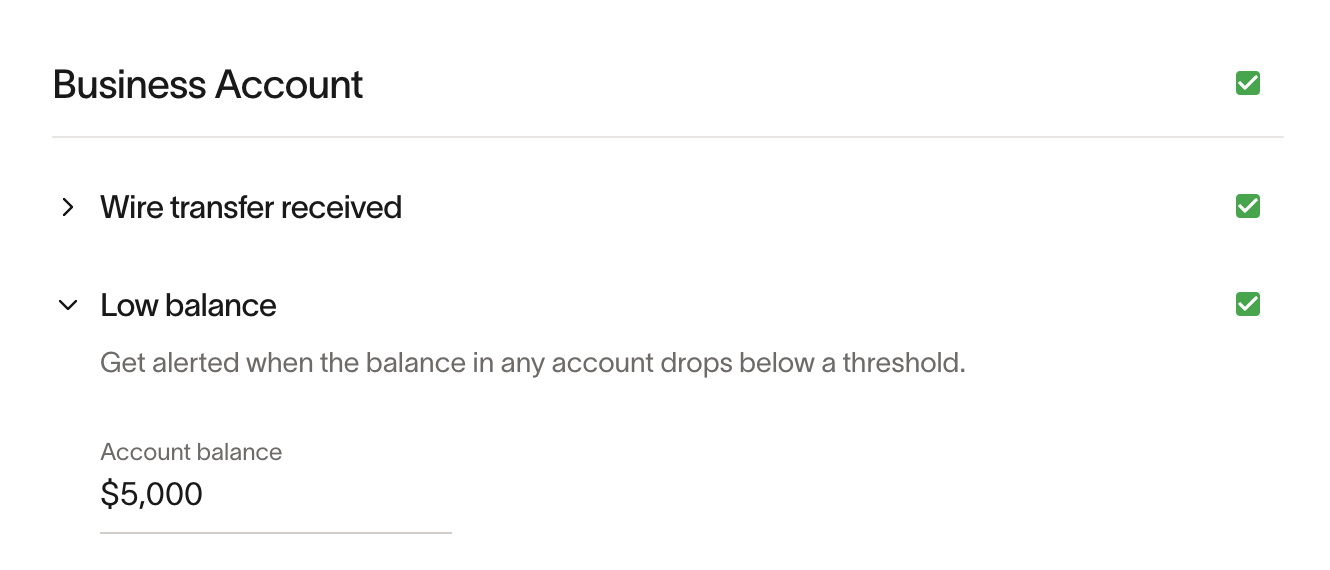 Notification settings showing Low balance alert enabled with $5,000 threshold