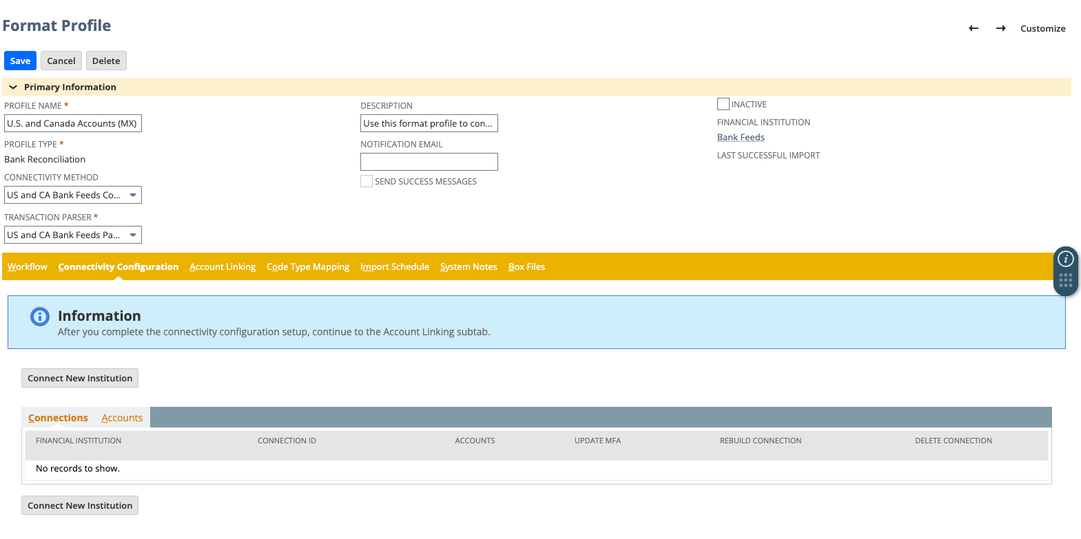 NetSuite MX format profile with the Connectivity Configuration tab selected