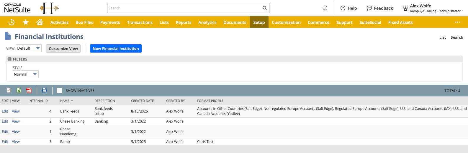 NetSuite Financial Institutions list showing the Bank Feeds record and its format profiles
