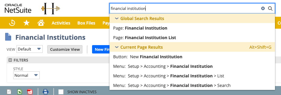 NetSuite Global Search results showing Financial Institution and Financial Institutions List