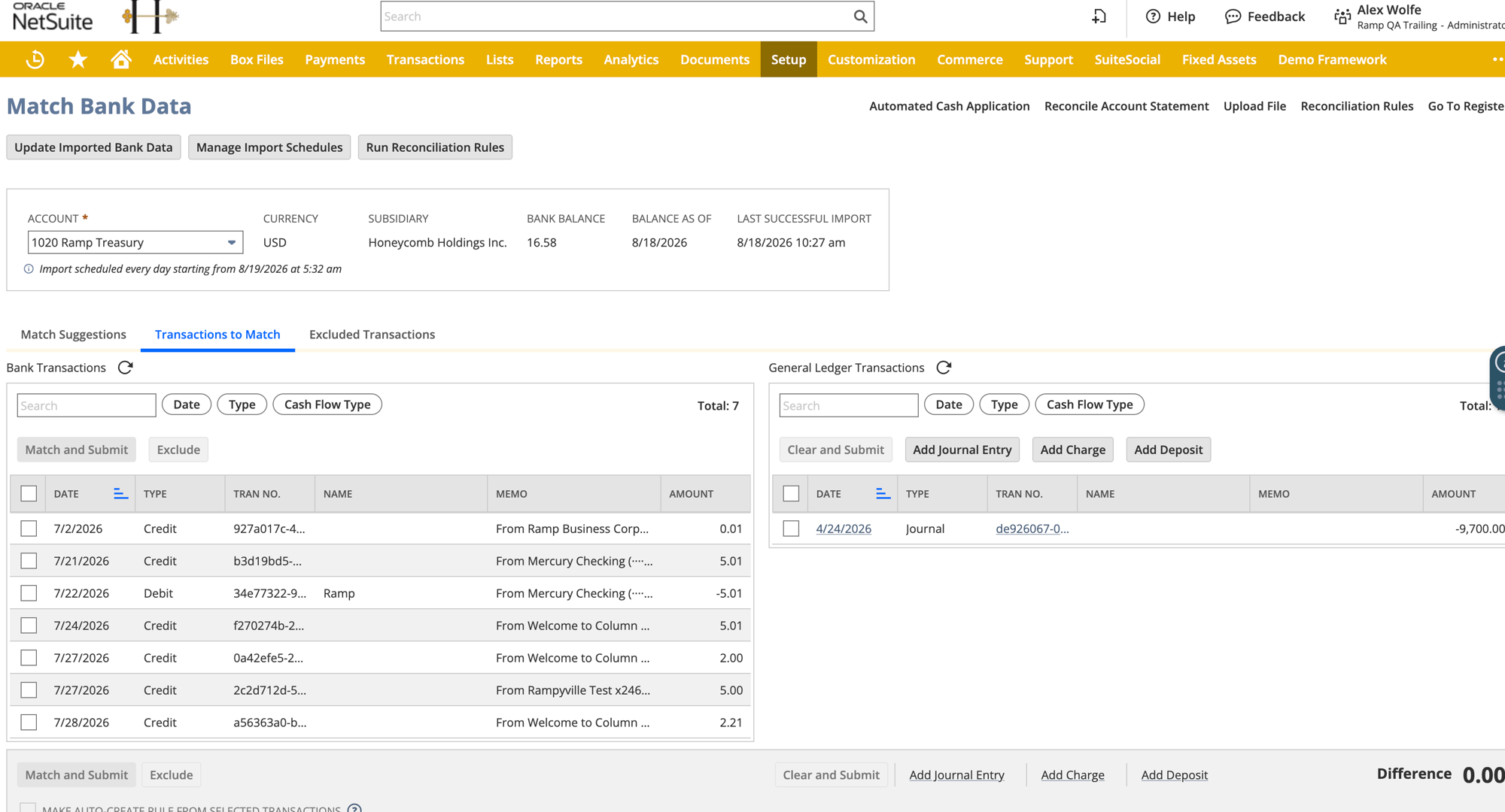 NetSuite Match Bank Data page showing a linked Ramp account selected from the Account dropdown