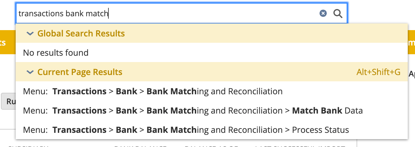 NetSuite Global Search results showing the Match Bank Data menu option
